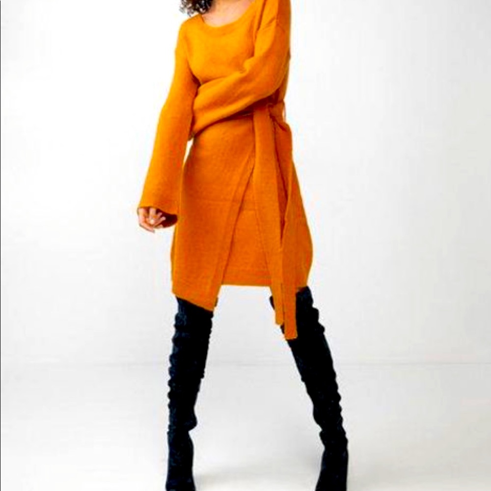 Express mustard yellow/camel sweater dress